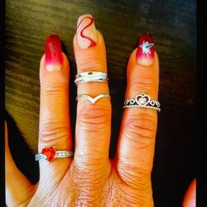 Silver and Red Gemstone Ring Set